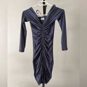 Oh Polly Get Down Tonight Ruche Bardot Mini Dress in Midnight Blue, Size 0.